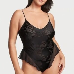 Victoria's Secret Archives Black Burnout Lace Corset Bodysuit Teddy‎ Lingerie L